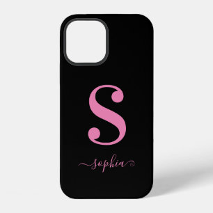 Minimaal zwart met roze monogram script naam iPhone 12 hoesje
