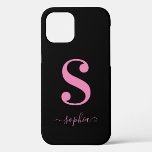 Minimaal zwart met roze monogram scriptnaam iPhone 12 hoesje