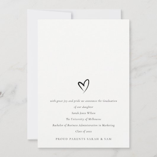 Minimaal Zwart & Wit Hart Foto Afstuderen Pet Aankondiging (Achterkant)