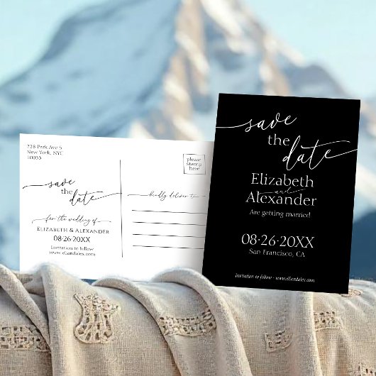 Minimaal zwart-witscript Fancy De datum opslaan Briefkaart