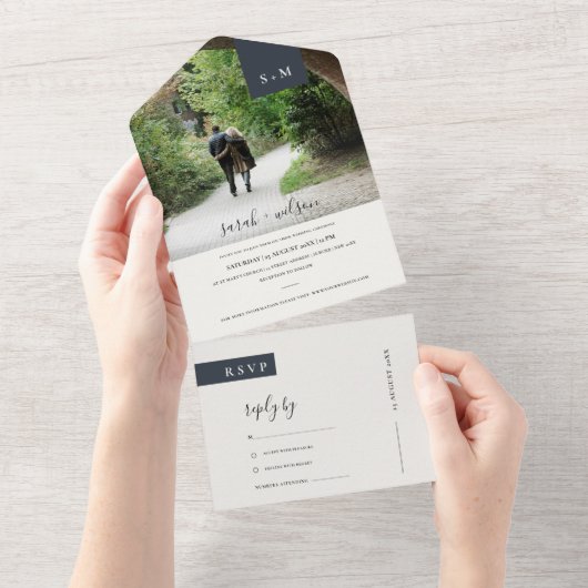 MINIMAAL ZWARTE WITTE MONOGRAM WEDING FOTO ALL IN ONE UITNODIGING (Afscheurbaar)