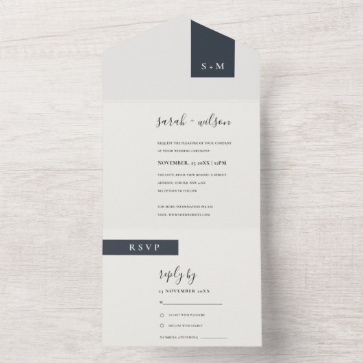 MINIMAAL ZWARTE WITTE MONOGRAM WEDING SCANDI ALL IN ONE UITNODIGING (Binnen)