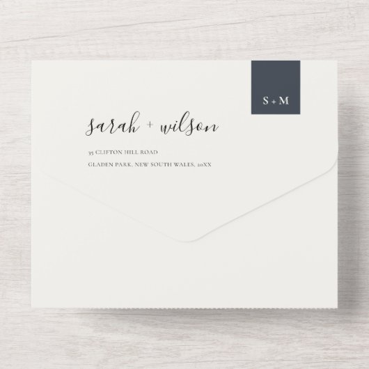 MINIMAAL ZWARTE WITTE MONOGRAM WEDING SCANDI ALL IN ONE UITNODIGING (Achterkant)