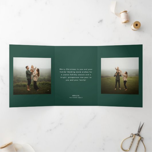Minimal 2 Photo Green Family Christmas Drieluik Wenskaart (Binnen)
