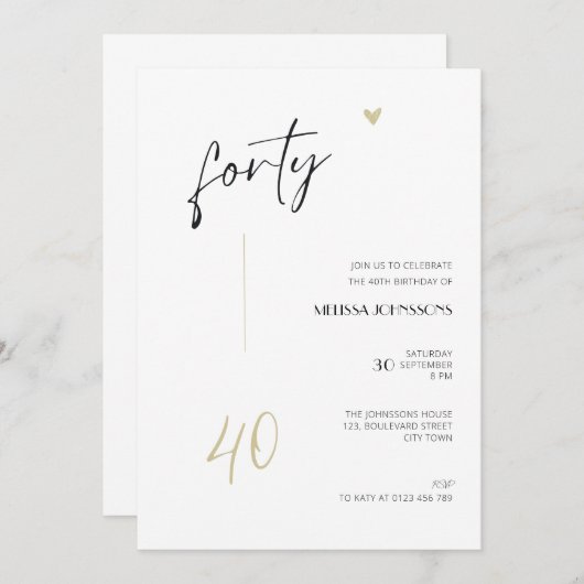 Minimal 40th Birthday Invitation Black and White (Devant / Derrière)