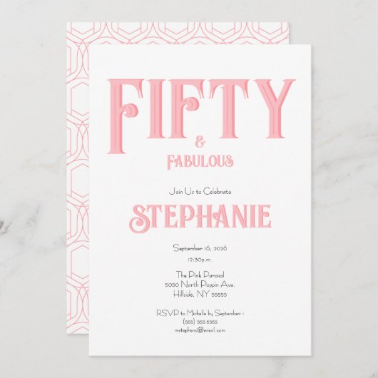Minimal 50 and Fabulous Pink 50th Birthday Party Kaart (Voorkant / Achterkant)