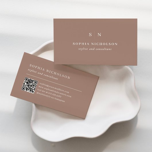 Minimal and Chic | Taupe Monogram and QR Code Visitekaartje