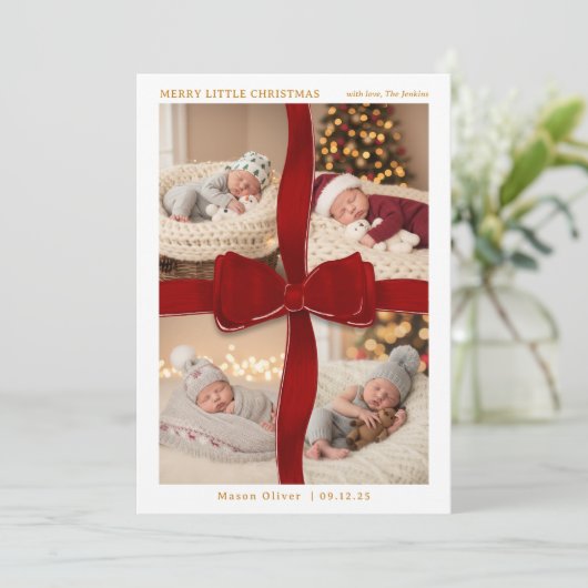 Minimal Baby’s First Christmas Four Photo Card Kaart (Staand voorkant)