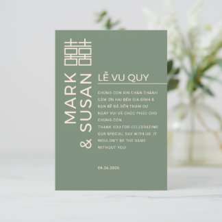 Minimal Bilingual Vietnamese Wedding Green Bedankkaart