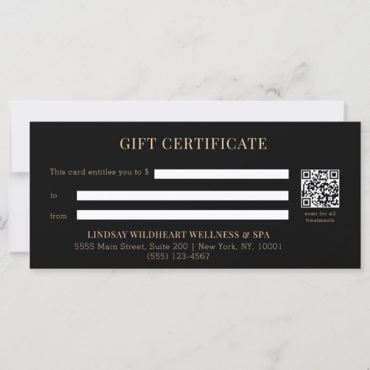 Minimal Black Botanical QR Code Gift Certificates (Achterkant)