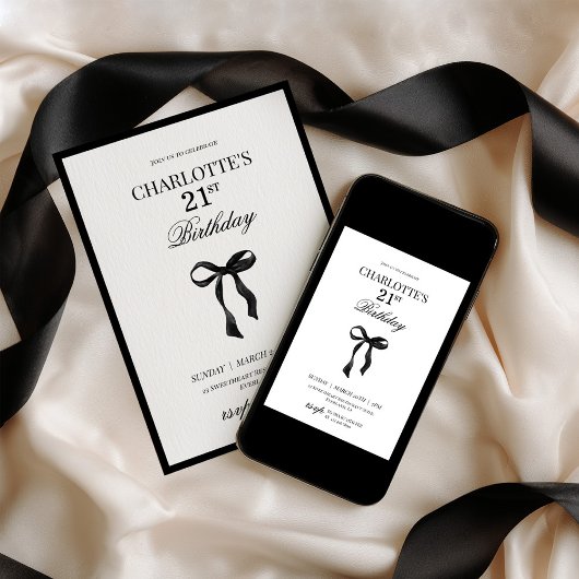 Minimal Black Bow 21th Birthday Invitation
