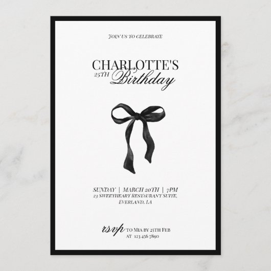 Minimal Black & White Bow Birthday Invitation (Devant)
