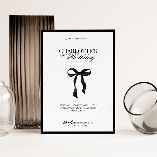 Minimal Black & White Bow Birthday Invitation