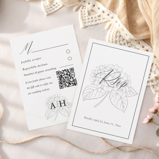 Minimal Black & White Hydrangea Wedding RSVP Kaartje