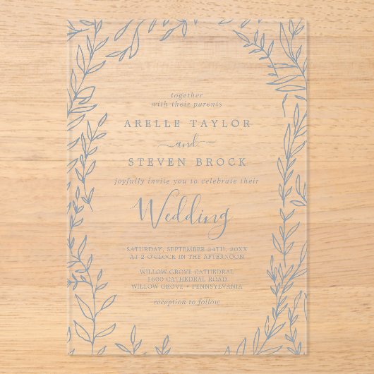 Minimal Blauw Blauw Groen Elegante Boho bruiloft Acryl Uitnodigingen (Voorkant)