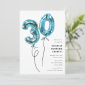 Minimal Blue 30 Balloon 30ste verjaardagsfeest Kaart (Staand voorkant)