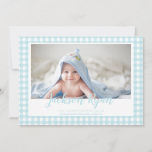 Minimal Blue Gingham Controleer patroon Foto Geboo Aankondiging