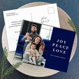 Minimal Blue Joy Peace Love Christmas familienaam Feestdagenkaart