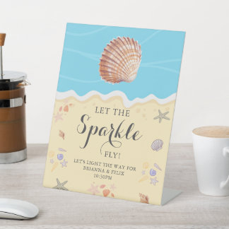 Minimal Blue Ocean Summer Wedding Sparkle Reclamebord Met Voetstuk