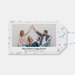 Minimal Blue Snowflakes Vakantie Foto Gift Labels Cadeaulabel