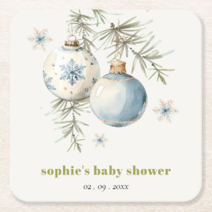 Minimal Blue Winter Christmas Boy Baby shower Vierkante Kartonnen Onderzetter