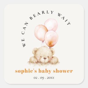 Minimal Blush Bearly Wait Balloon Baby shower Vierkante Sticker
