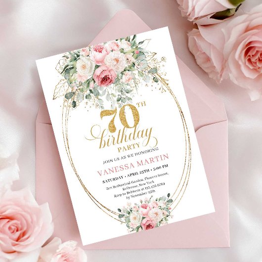 Minimal Blush Floral 70th Birthday Invitation