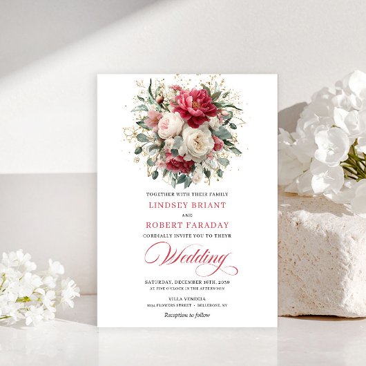 Minimal Bohemian Red White Gold Wedding Invitation