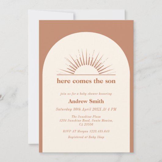 Minimal Boho Arch hier komt het Son Baby shower Kaart (Voorkant)