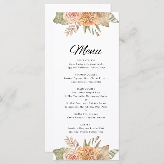 Minimal Boho Floral Bruiloft Menu Kaart (Voorkant / Achterkant)