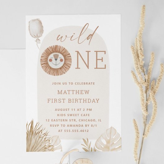 Minimal Boho Lion | Wild One 1st Birthday Party Kaart