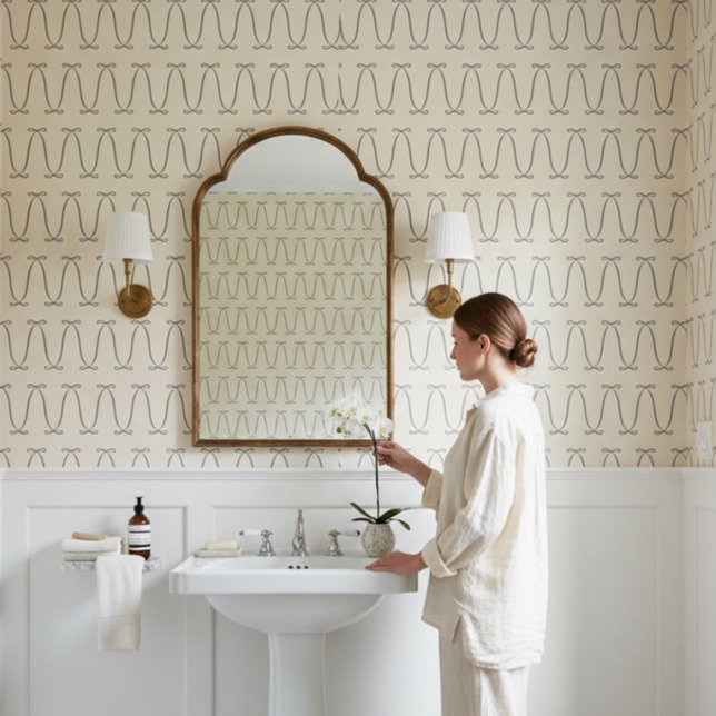 Minimal Bow Pattern Elegant Neutral Modern design Behang (Stylish modern, coquette charcoal and cream ribbon bow wallpaper )