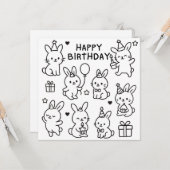 Minimal Bunny Doodle Birthday Card Kaart (Voorkant / Achterkant in situ)