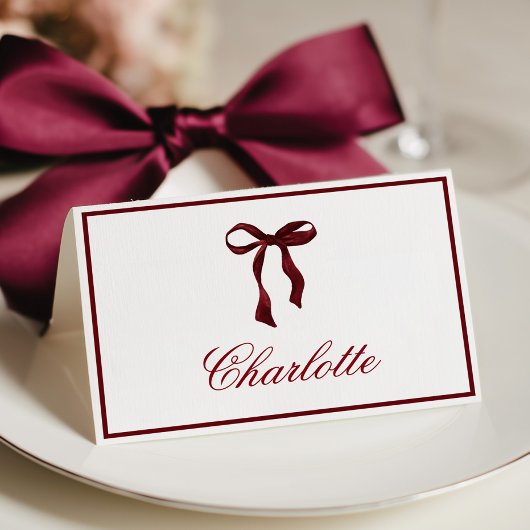 Minimal Burgundy Bow Place Card Kaart