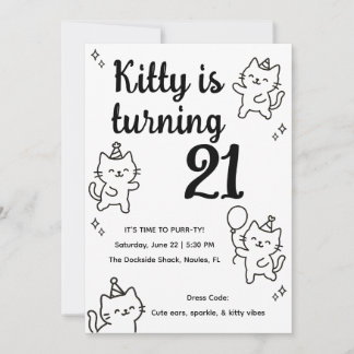 Minimal Cat Doodle Birthday Invitation Kaart