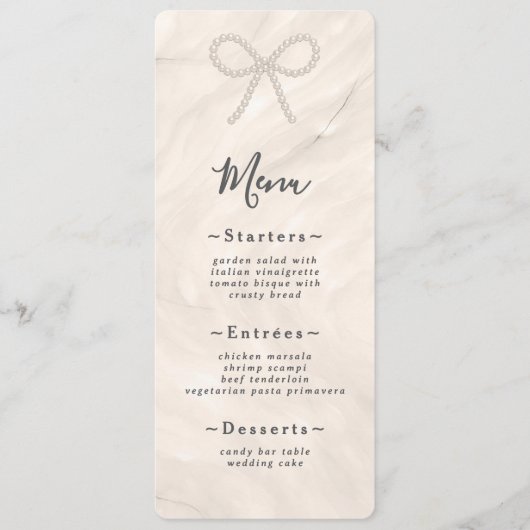 Minimal Champagne Pearl Bow Wedding Reception Menu (Voorkant)
