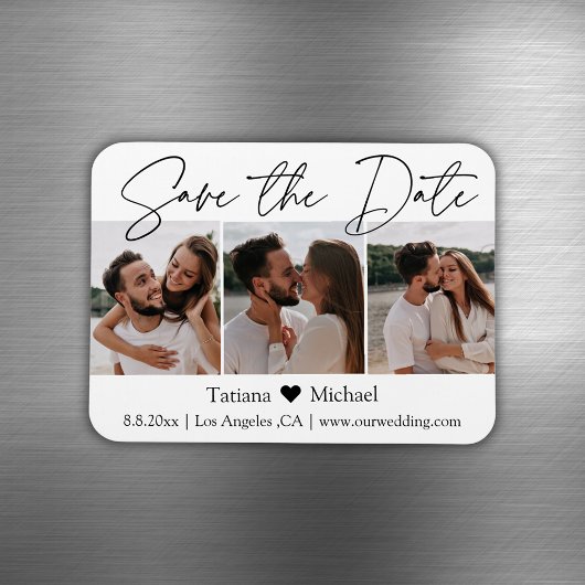 minimal chic 3 photo collage save the date magnet