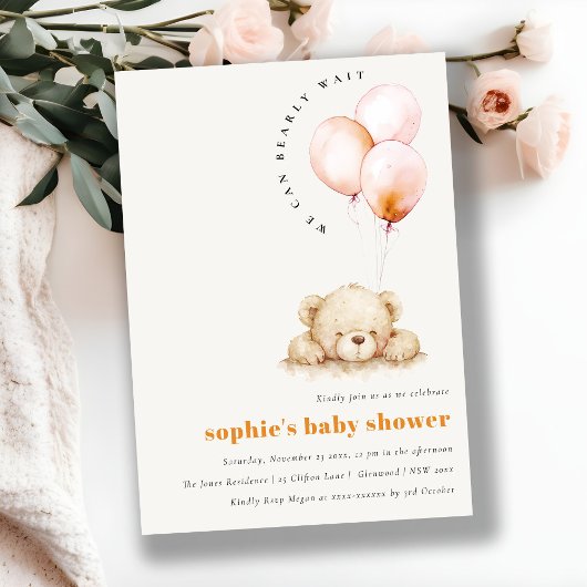 Minimal Chic Blush Bearly Wait Balloon Baby shower Kaart