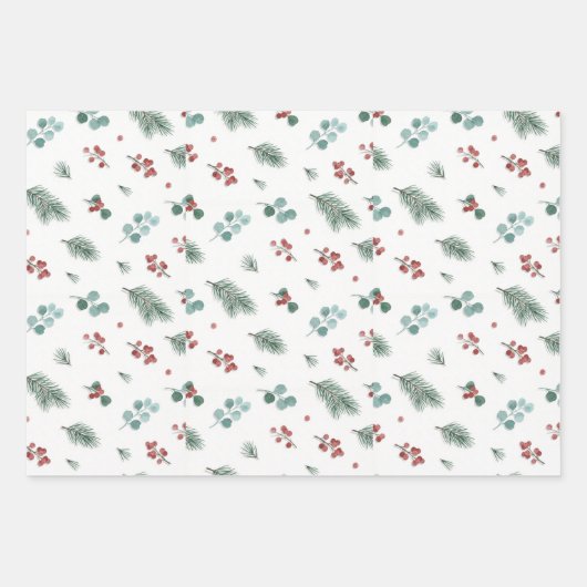 Minimal Christmas Pattern, Pine & Berries  Inpakpapier Vel (Voorkant)