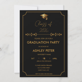 Minimal Classy Black & Gold Grad Party Invitation Kaart