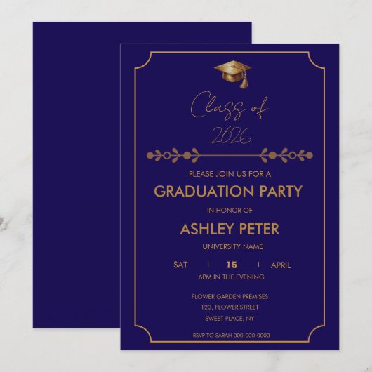 Minimal Classy Blue Grad Party Invitation (Devant / Derrière)