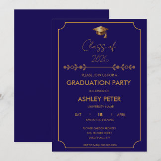 Minimal Classy Blue Grad Party Invitation Kaart
