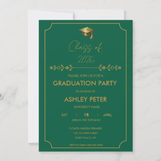 Minimal Classy Green & Gold Grad Party Invitation Kaart
