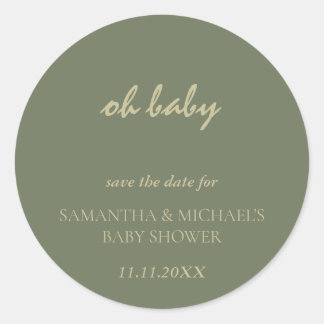 Minimal Clean Sage Gold Script BABY Save Date Ronde Sticker
