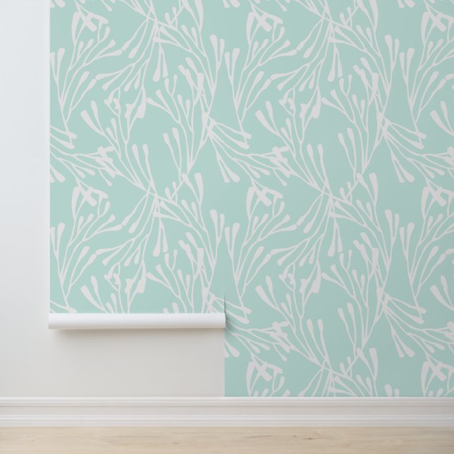 Minimal Coastal Coral in Mint Green Behang (Applicatie)
