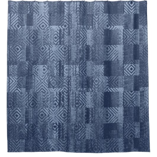 Minimal Denim Abstract Memphis Patchwork Douchegordijn (Voorkant)