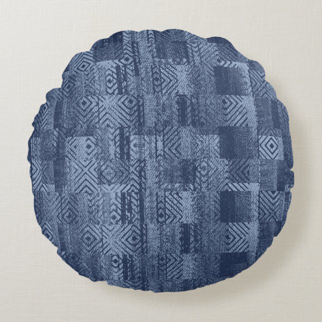 Minimal Denim Abstract Memphis Patchwork Rond Kussen (Voorkant)