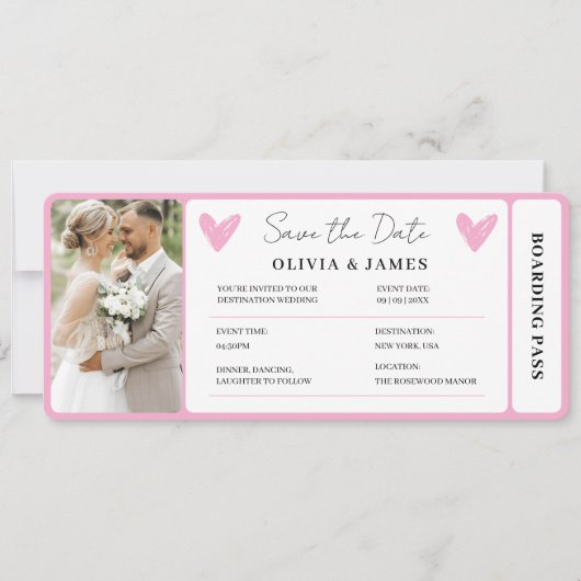 Minimal Destination Wedding Boarding Pass Invite Kaart (Voorkant)