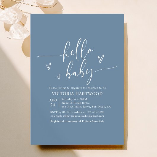 Minimal Dusty Blue Boy Baby shower Invitation Kaart