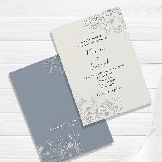 Minimal Dusty Blue Floral Wedding Invitation Kaart
